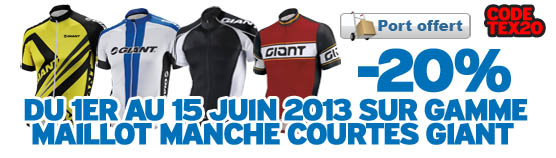 -20% sur la gamme maillot manches courtes GIANT du 1er au 15 juin 2013